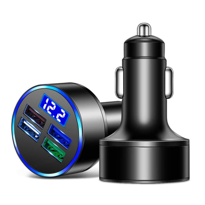 Car cigarette lighter USB charger with blue LED voltmeter display and 4 ports