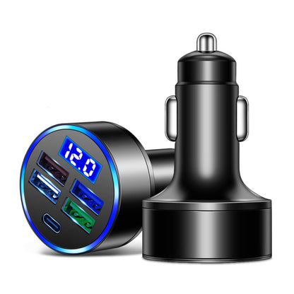 Black 5-in-1 car charger with blue LED voltmeter display and four USB ports