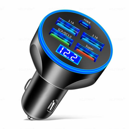 Black 5-in-1 car charger with blue ring and digital voltmeter LED display