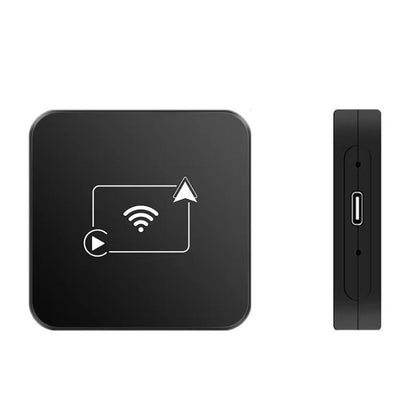Black wireless Android Auto car AI box with Wi‑Fi and connection icons