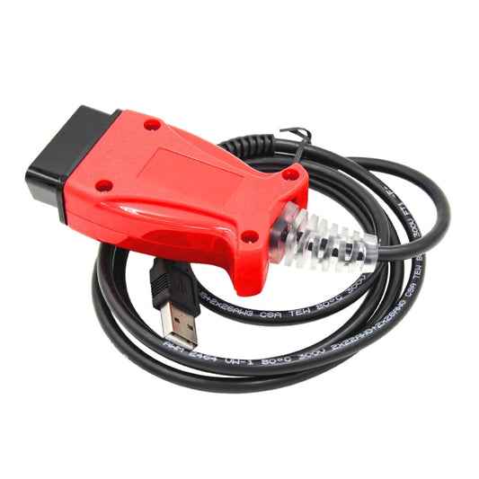 OBD2 diagnostic cable with red housing, black wiring, OBD plug and USB connector