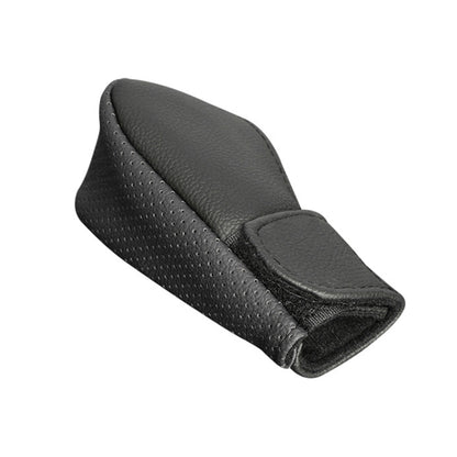 Black PU leather gear shift knob protective cover, textured grip with stitched seam.