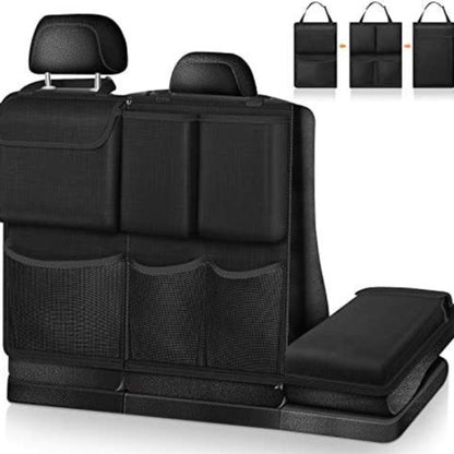 Black car back seat and trunk organizer bag with multiple front pockets and fold-out base
