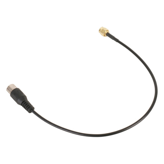 TV antenna adapter cable showing black wire with two metal IEC and SMA ends.