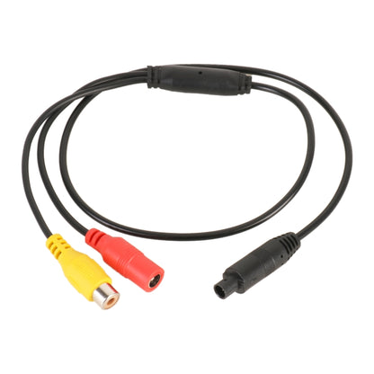 Rear view camera adapter cable: black 4-pin plug to red/yellow RCA female ends