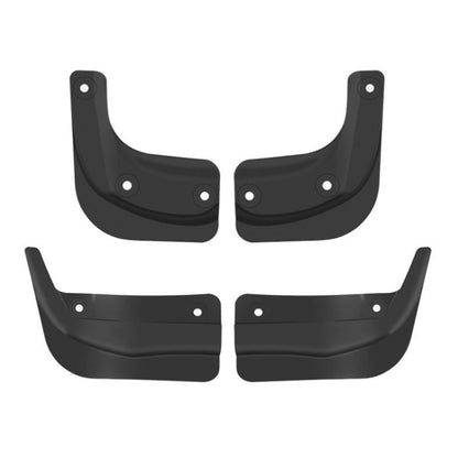 Set of four black car mud flaps with mounting holes for front and rear.