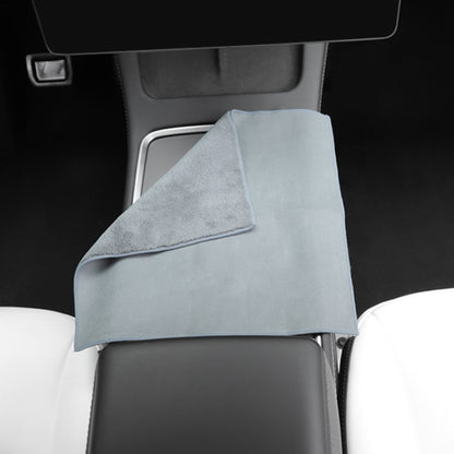 Gray microfiber car cleaning towel, folded square 30x30 cm, no logo.