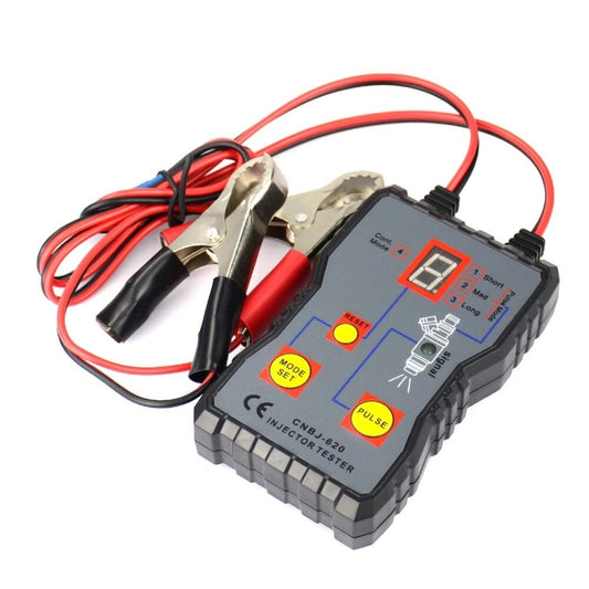 Automobile injector tester with clip leads and blue/red control buttons on screen