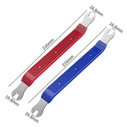 Car door panel removal pry tools, blue and red, with size markings shown
