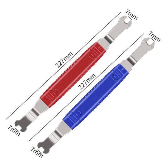 Pair of car door panel removal tools with red and blue grips and metal ends