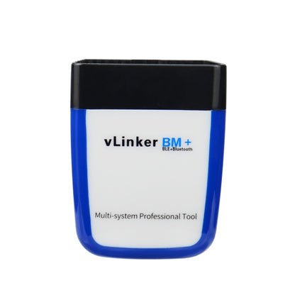 vLinker BM+ Bluetooth OBD diagnostic tool, blue-and-white body with black top