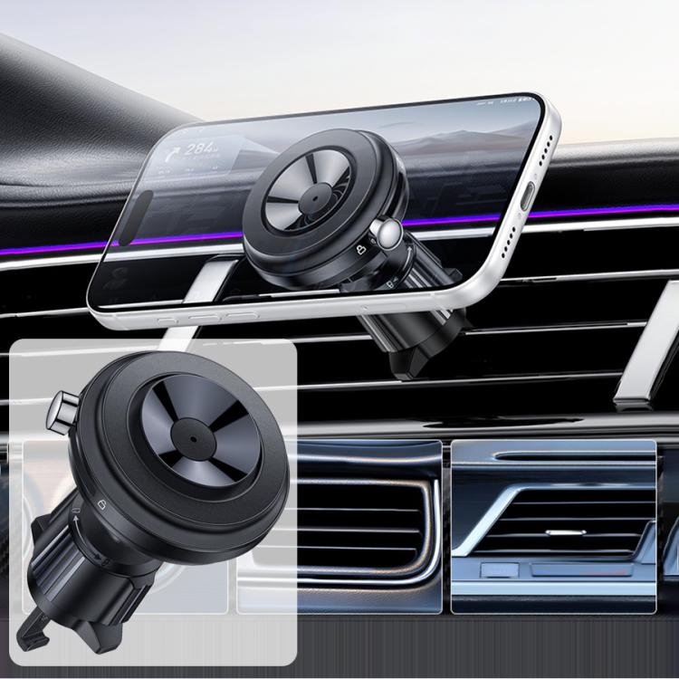Car air vent magnetic phone holder with circular fan-style mount, holding a smartphone.