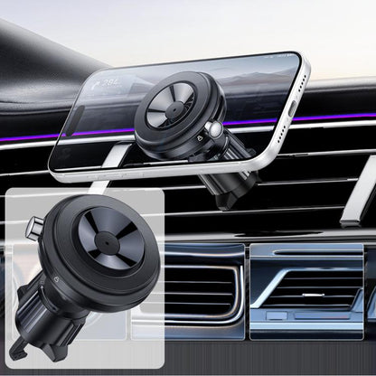 Car air vent magnetic phone holder with circular fan-style mount, holding a smartphone.