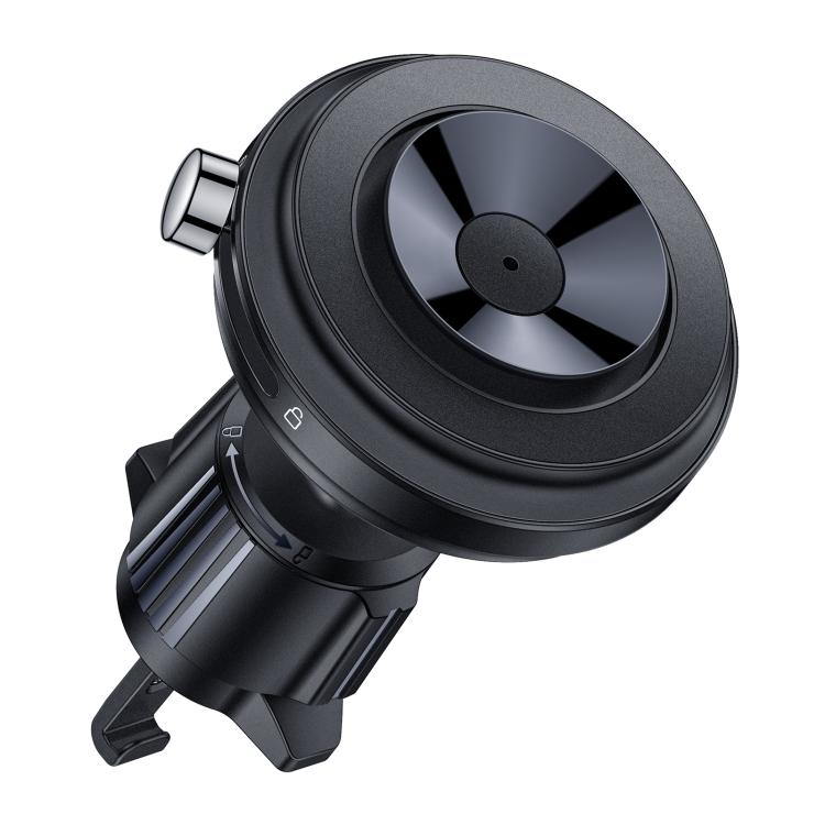 Car air vent magnetic phone holder clip with round magnetic base and fan vent wheels.