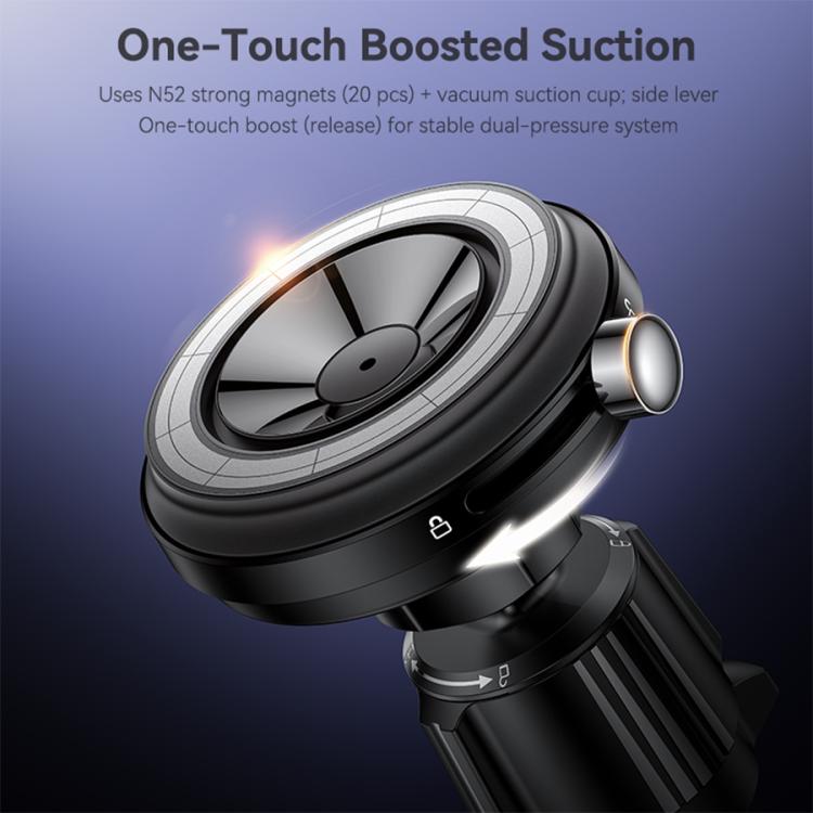 Black car air vent magnetic phone holder with round vent-mount base and knob