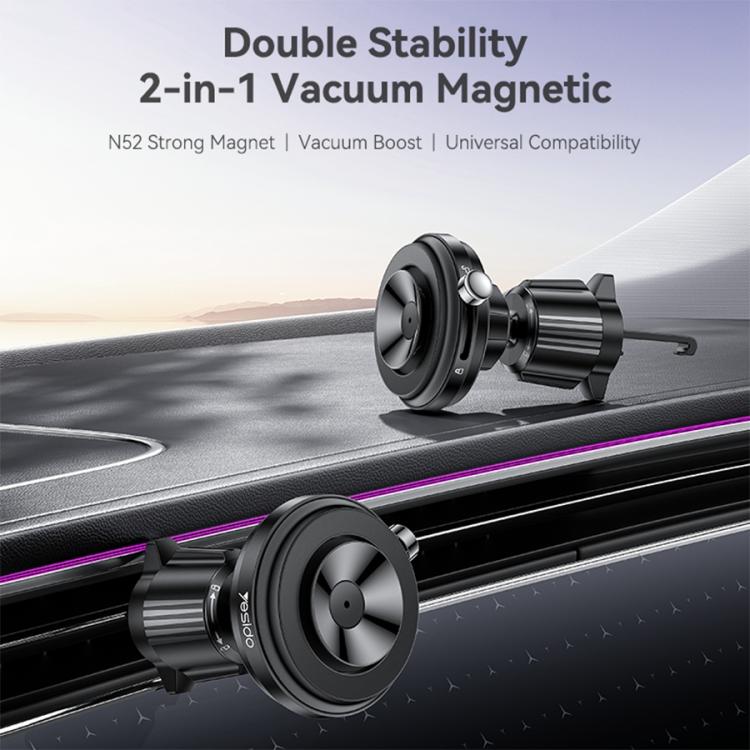 Car air vent magnetic phone holder with round magnetic pad and vent clip attachment.