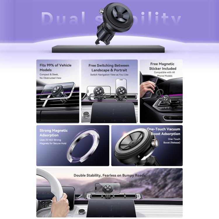 Car air vent magnetic phone holder clip with adjustable head and circular magnetic mount.