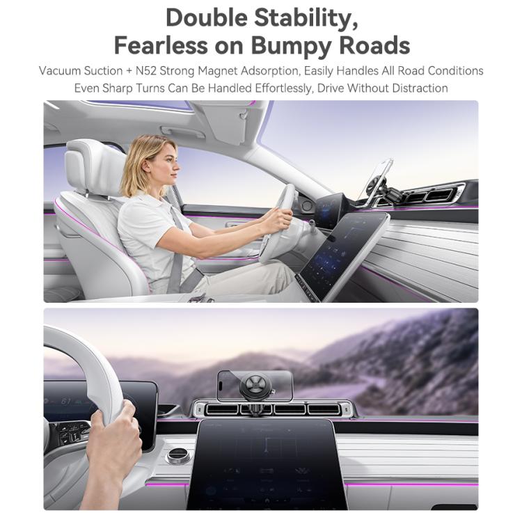 Car air vent magnetic phone holder with vent clamp and round magnetic suction mount.