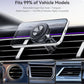 Car air vent magnetic phone holder mounted on car dashboard vent, holding smartphone.