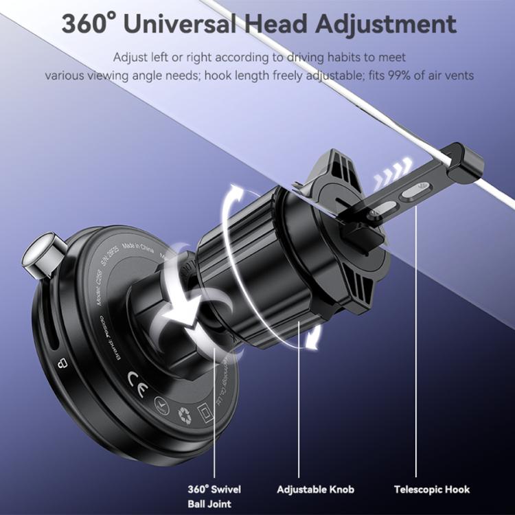 Car air vent magnetic phone holder with 360 swivel head and telescopic vent hook.