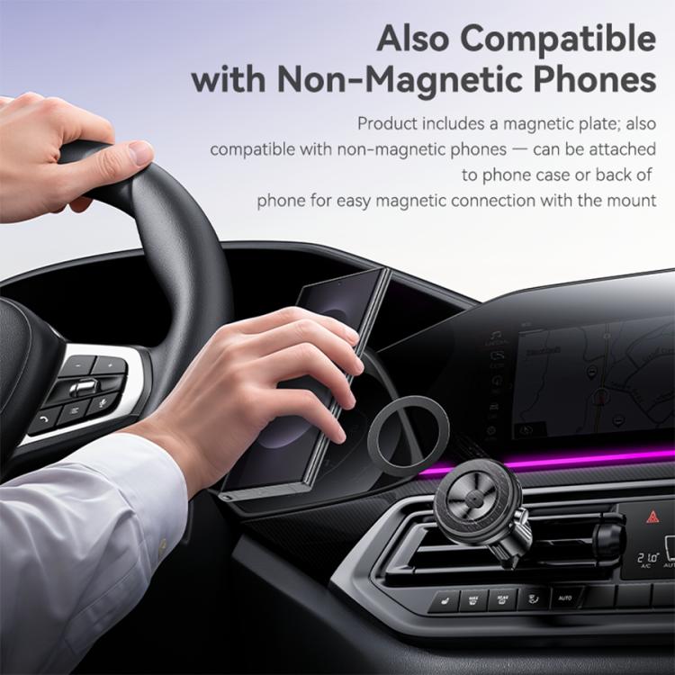 Car air vent magnetic phone holder with magnetic mount, attaching phone with hand.