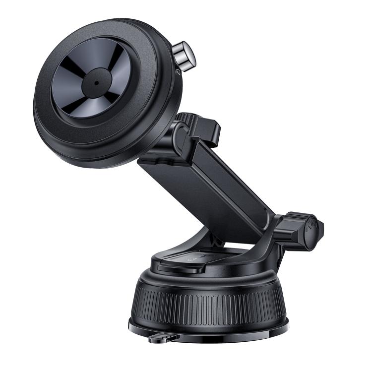 Black magnetic phone holder with suction base and pivoting circular mount