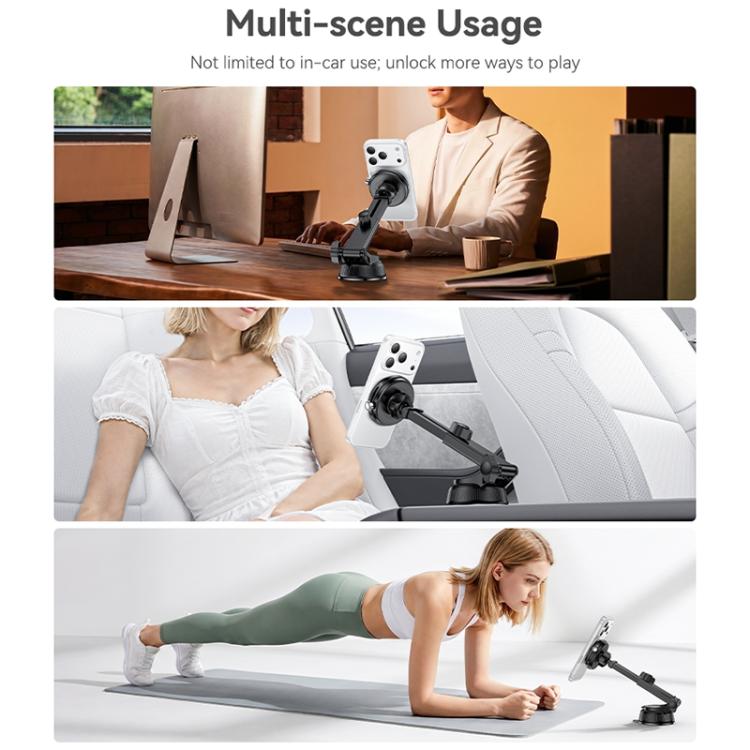 Magnetic phone holder mounted on car dash, shown in several positions