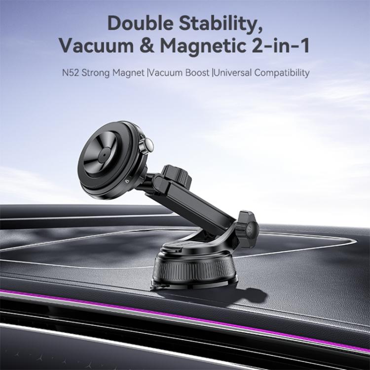 Vacuum-and-magnetic car phone holder with adjustable clamp arm, black