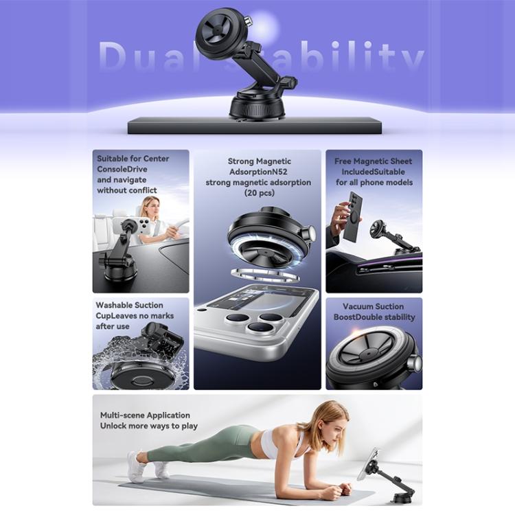 Black 2-in-1 vacuum suction and magnetic phone holder with adjustable stand