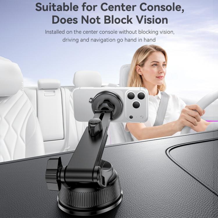 Car phone holder with vacuum suction cup, magnetic mount, and clamp arm, black