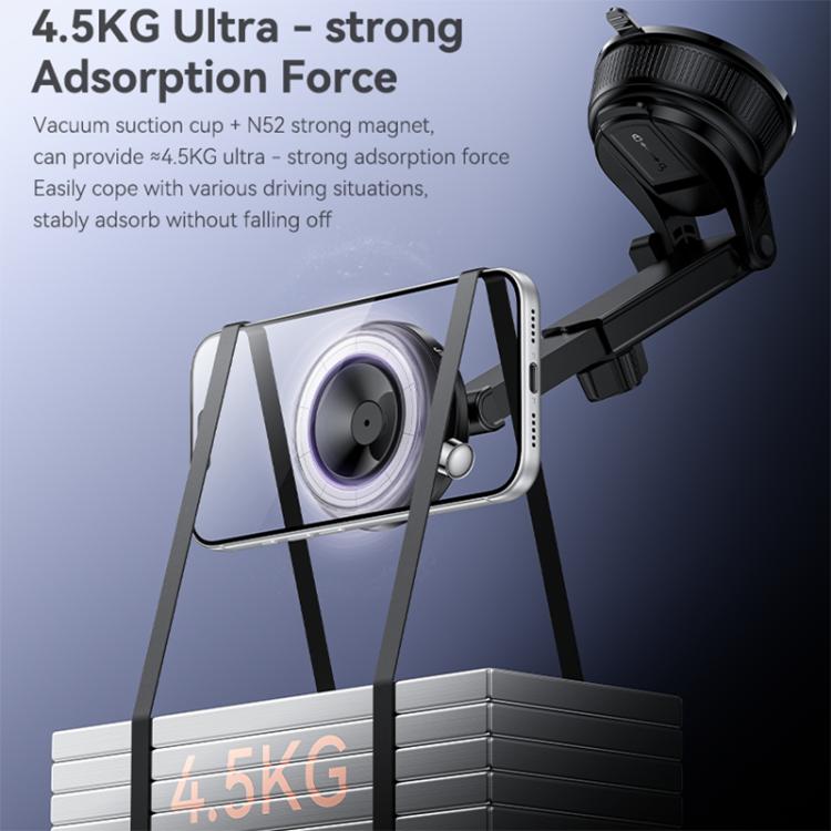 Black magnetic phone holder with suction base and angled clamp arm