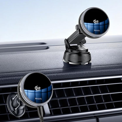 Magnetic car wireless charger holder with blue Qi2 display, air vent mount