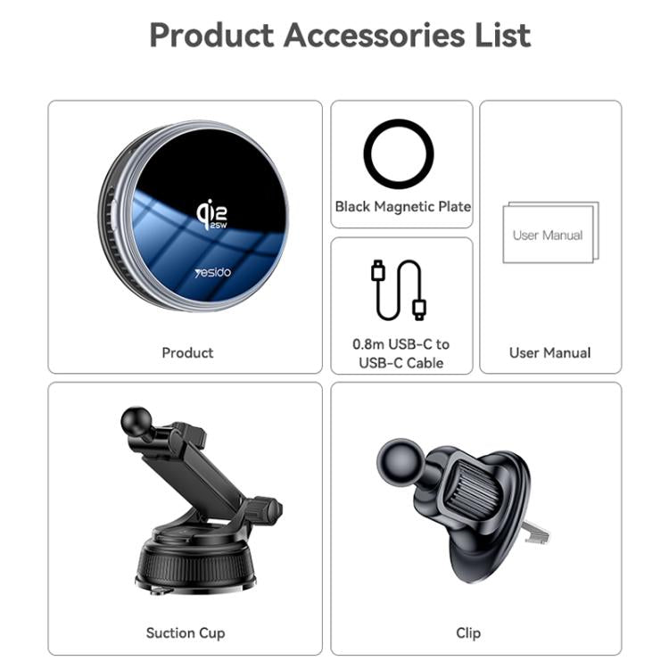 Yesido C326 15W magnetic car wireless charger holder accessory kit: plate, cable, manual