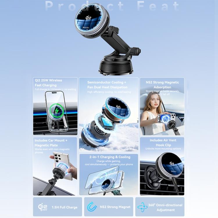Qi2 car wireless charger holder with black vent clip and circular blue charging module