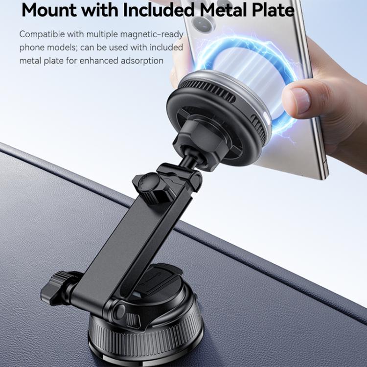 Car wireless charger with black mount and included metal plate attachment
