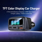 Black car charger with TFT color screen and three charging ports, front view
