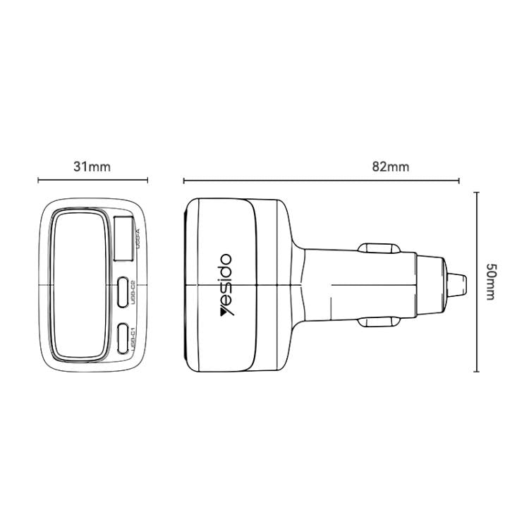 Car charger with TFT display, front and side dimension diagram