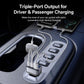 Triple-port car charger with cables charging multiple devices in a car