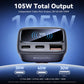 Black car charger showing 105W output with USB-C and USB-A ports, front