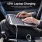 Car charger connected by USB cable charging a laptop on a car seat