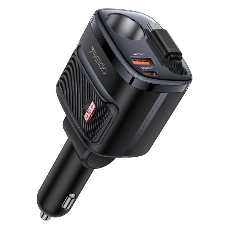 Yesido cigarette lighter car charger with retractable cable, black