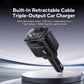 Cigarette lighter car charger with built-in retractable cable and USB ports, black