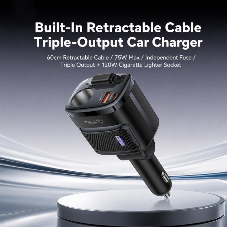 Cigarette lighter car charger with built-in retractable cable and USB ports, black
