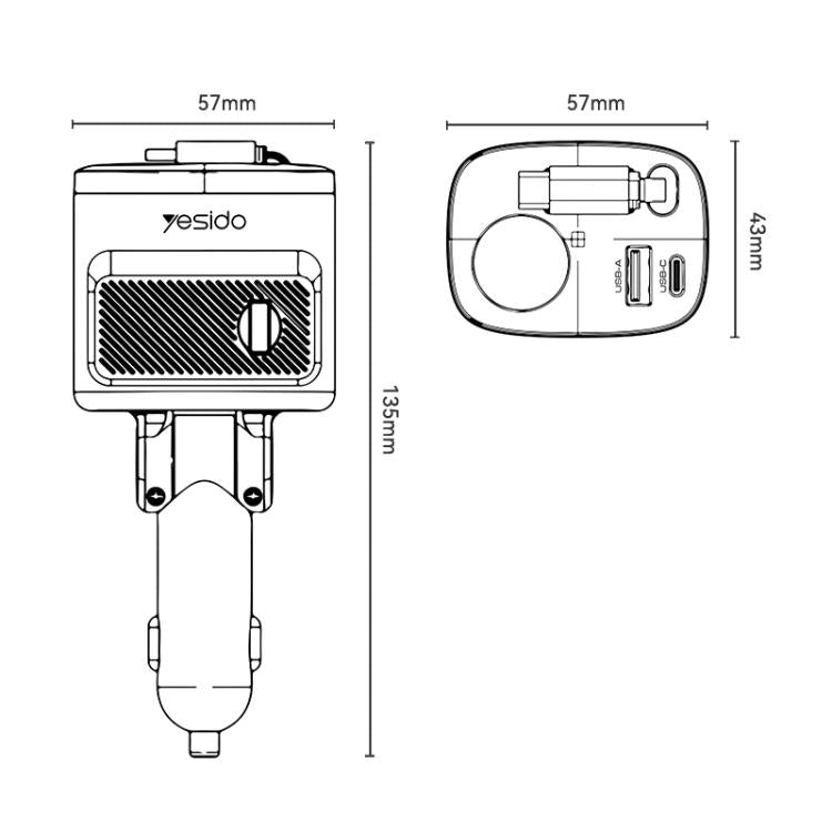 Yesido Y76 car cigarette lighter charger with USB-A and USB-C ports, retractable Type-C cable