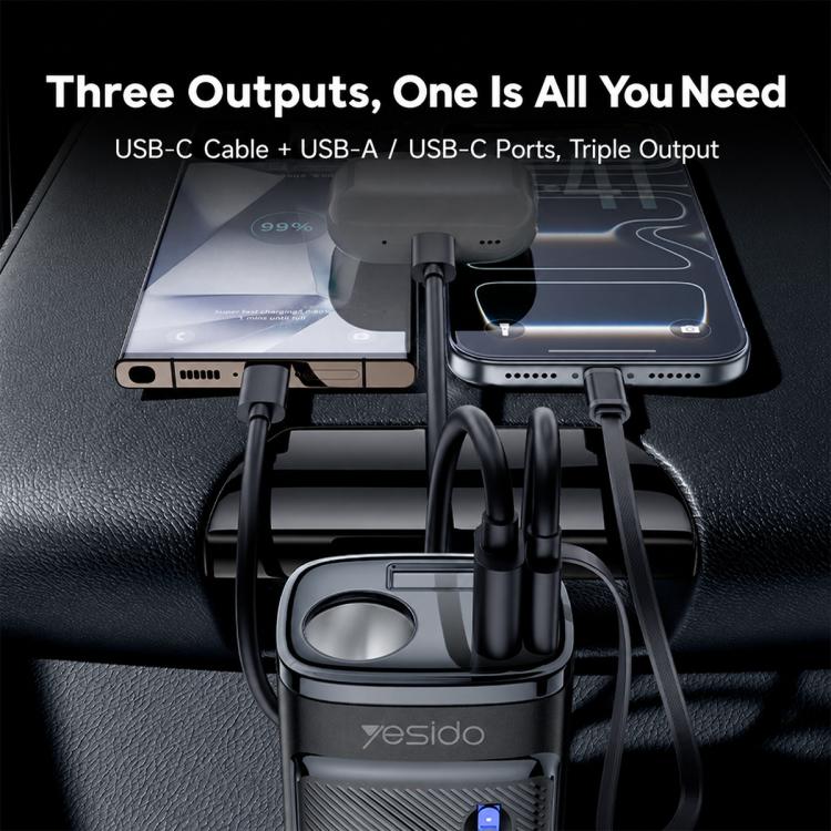 Cigarette lighter charger showing triple outputs: USB-A and USB-C ports, black
