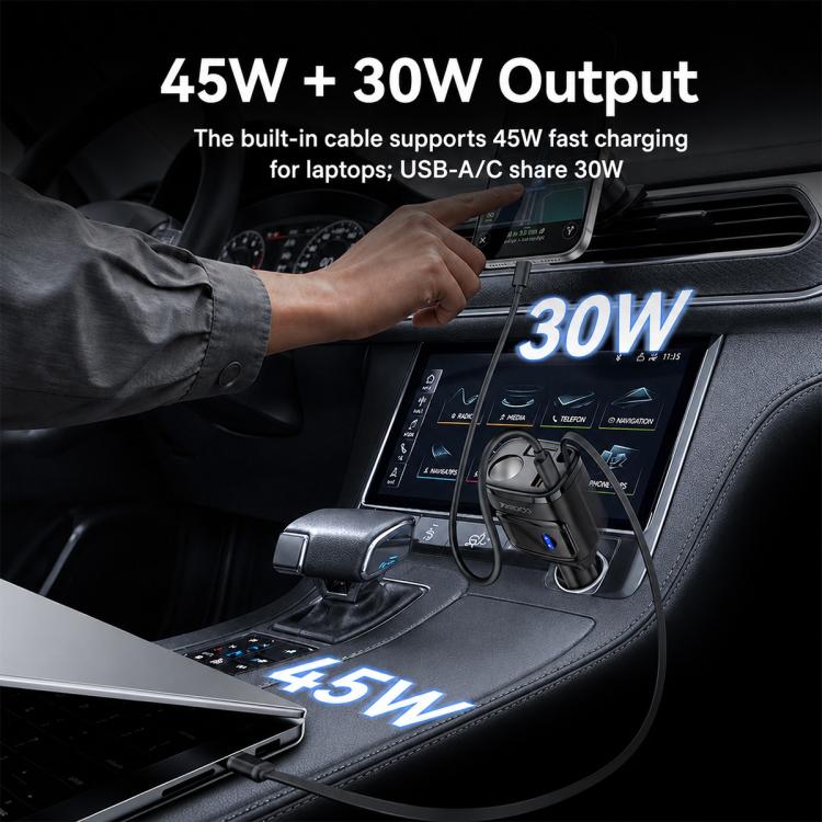 Car cigarette lighter charger with 45W + 30W output, black
