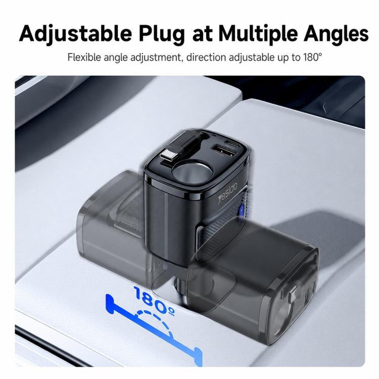 Car cigarette lighter charger with adjustable plug angle up to 180 degrees, black