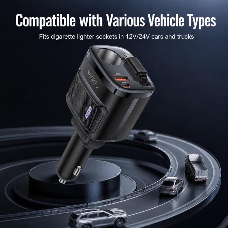 Cigarette lighter car charger with plug for 12V/24V vehicles, black