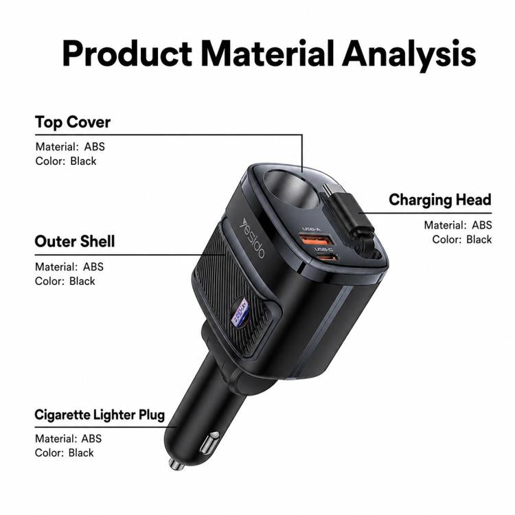 Black ABS cigarette lighter car charger adapter, showing charging head and plug