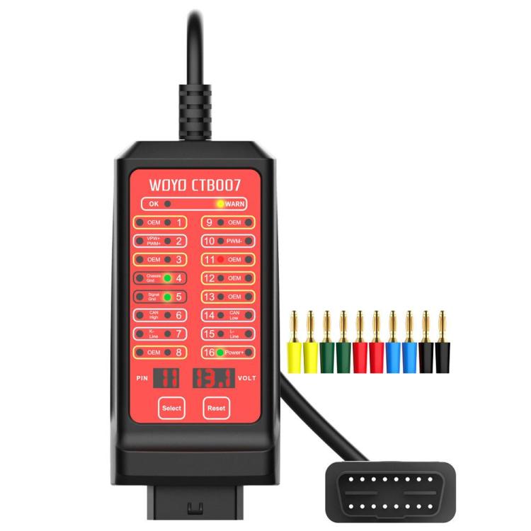 OBD2 CAN tester box with 70 cm cable, red/black pin selection display